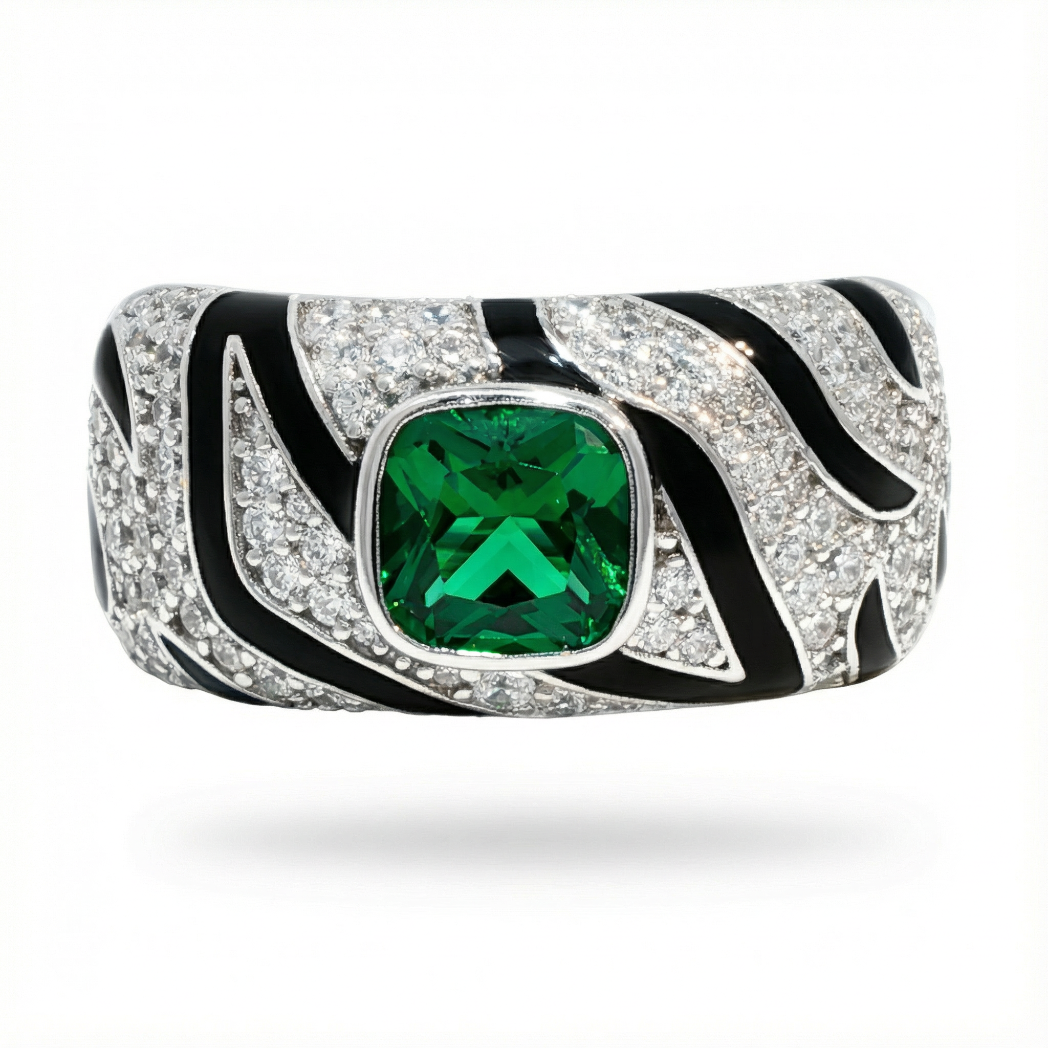 Tiger Ring with Green Cushion Stone – on White Gold