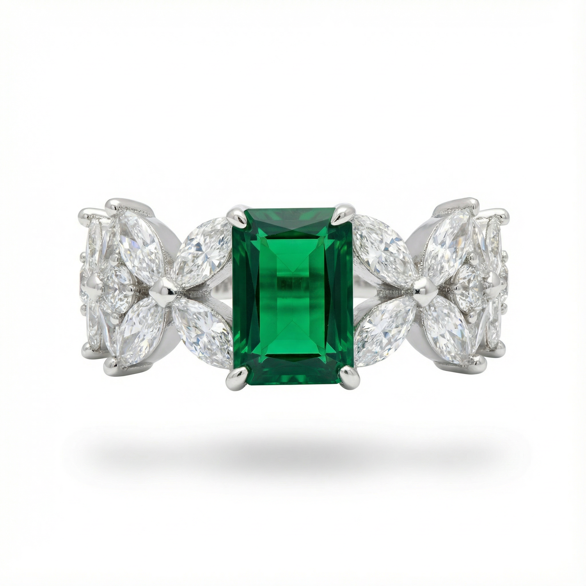 Emerald Marquis Ring with Green Emerald Stone – on White Gold