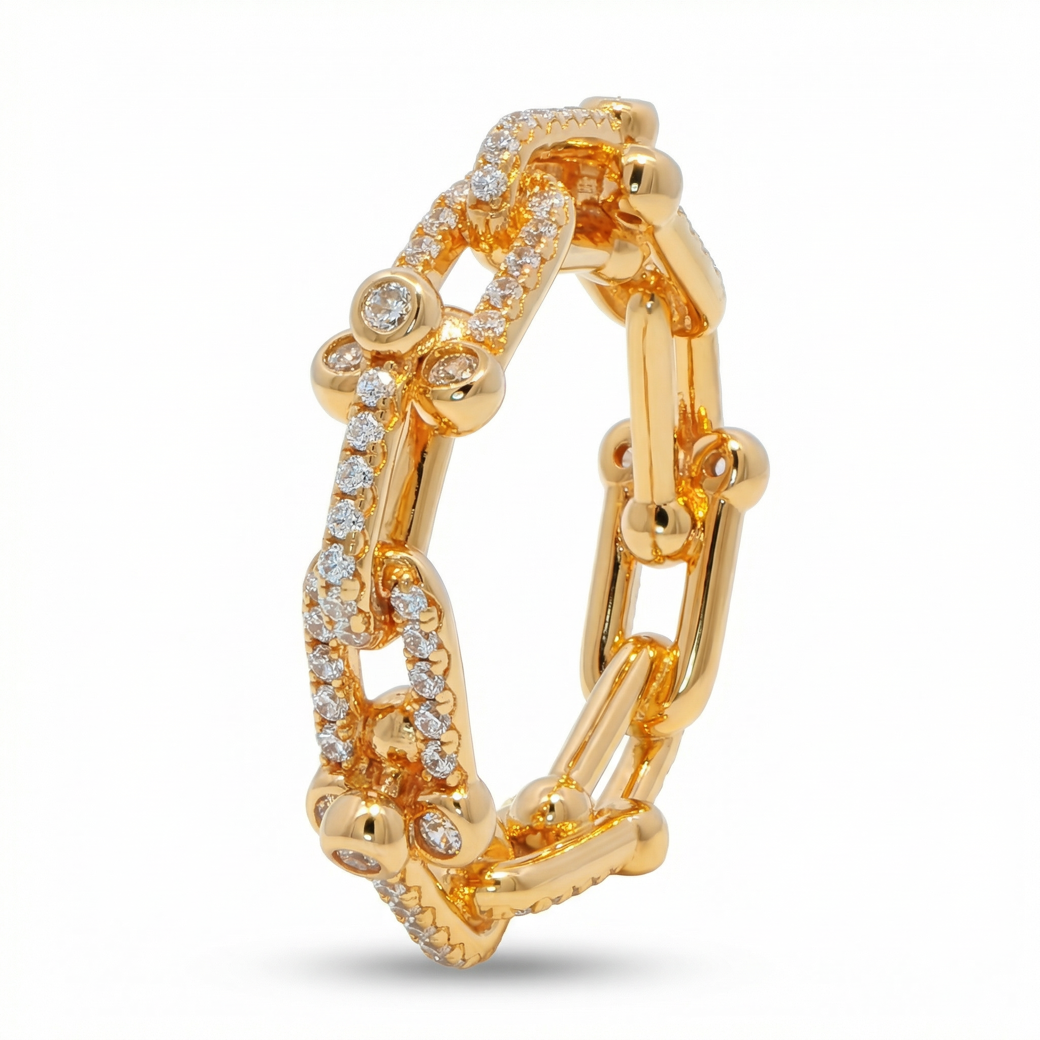 Interlock Pave Ring with White Round Stone – on Yellow Gold