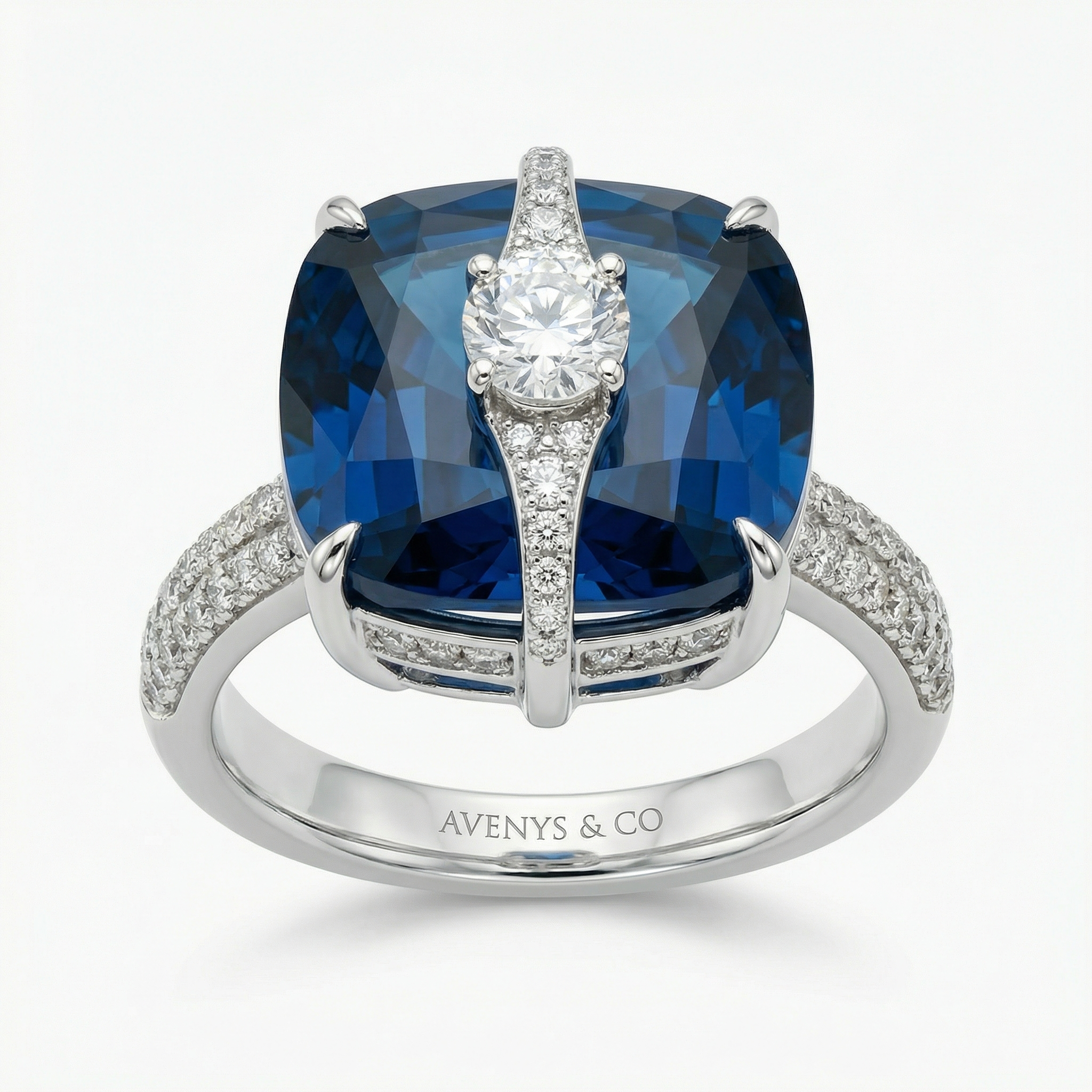 Embrace Pave Ring with Blue Cushion Stone – on White Gold