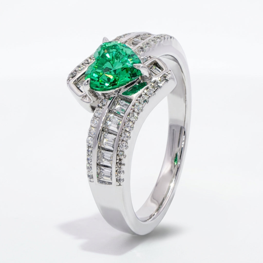 Bypass Pave Ring with Green Heart Stone – on White Gold
