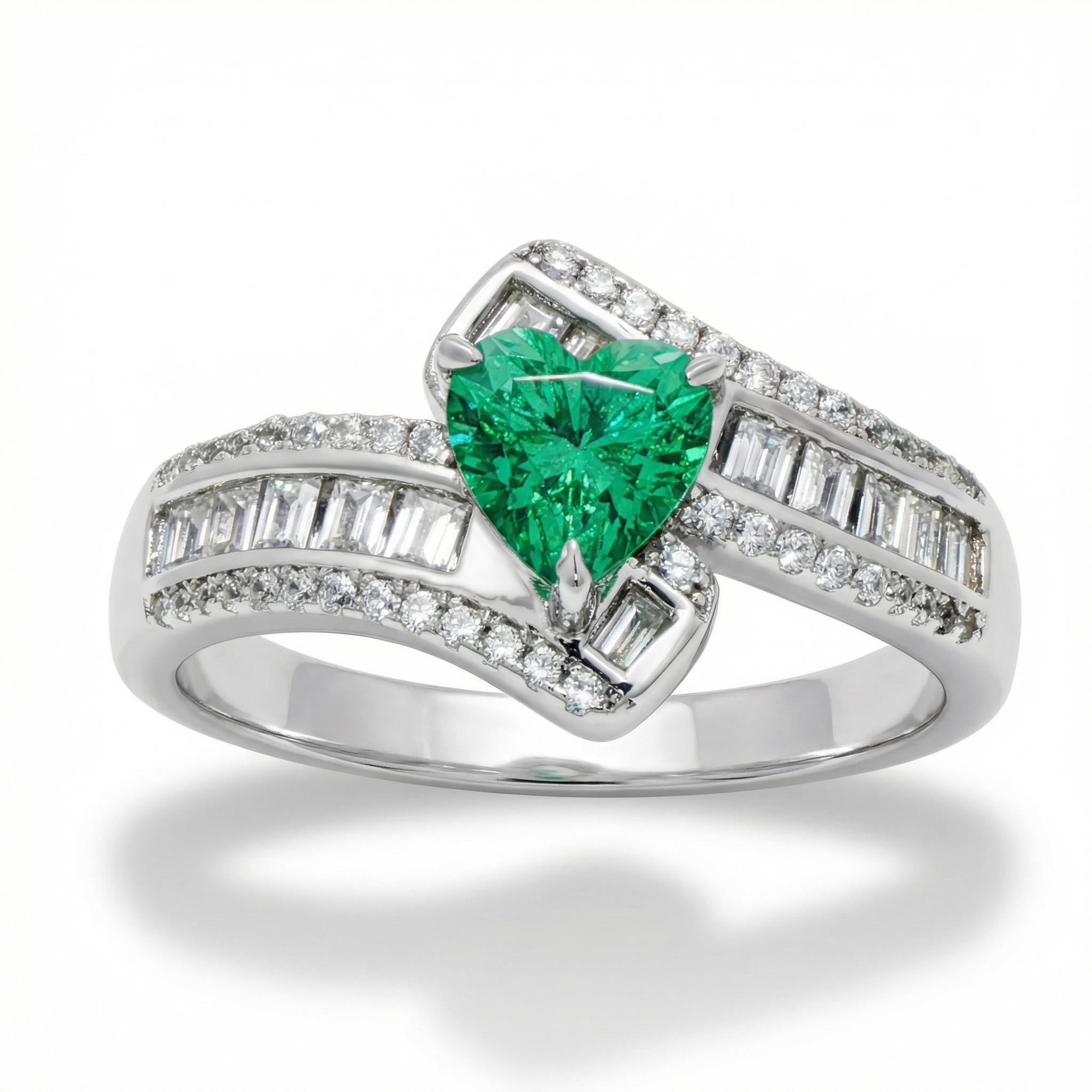 Bypass Pave Ring with Green Heart Stone – on White Gold