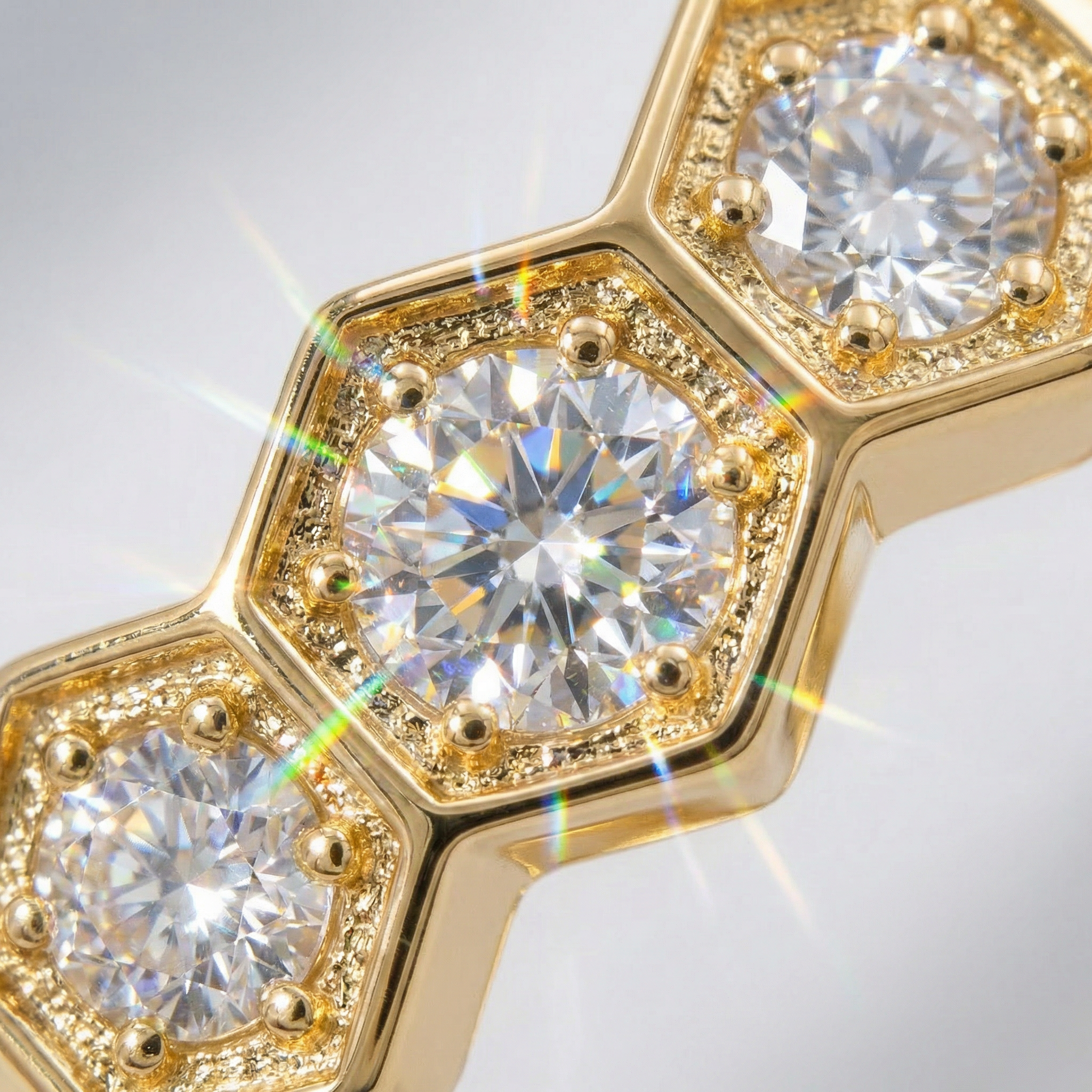 Honeycomb Ring Full with White Round Stone – on Yellow Gold