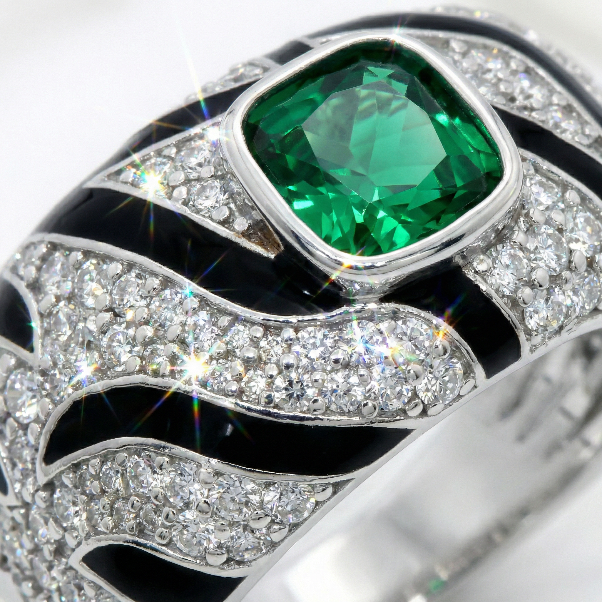 Tiger Ring with Green Cushion Stone – on White Gold
