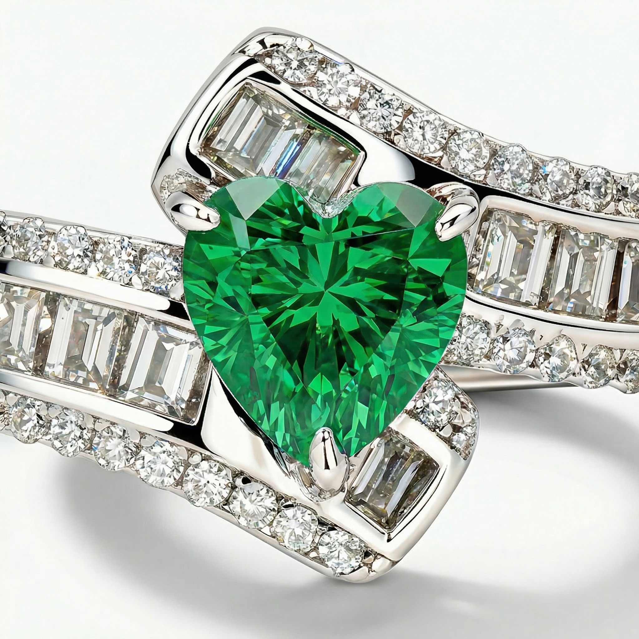Bypass Pave Ring with Green Heart Stone – on White Gold