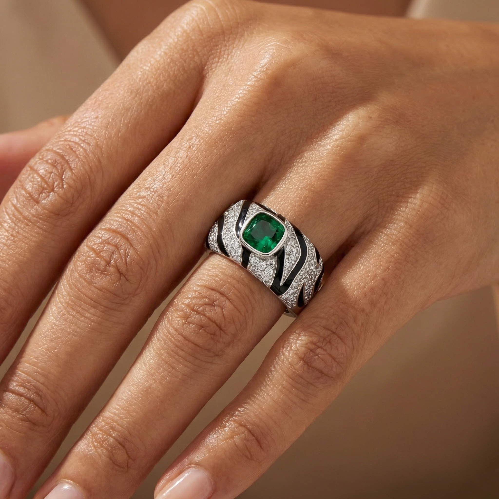 Tiger Ring with Green Cushion Stone – on White Gold