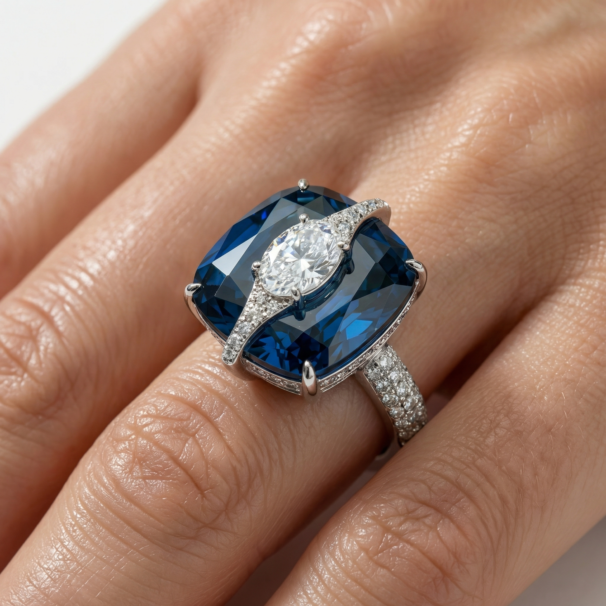 Embrace Pave Ring with Blue Cushion Stone – on White Gold