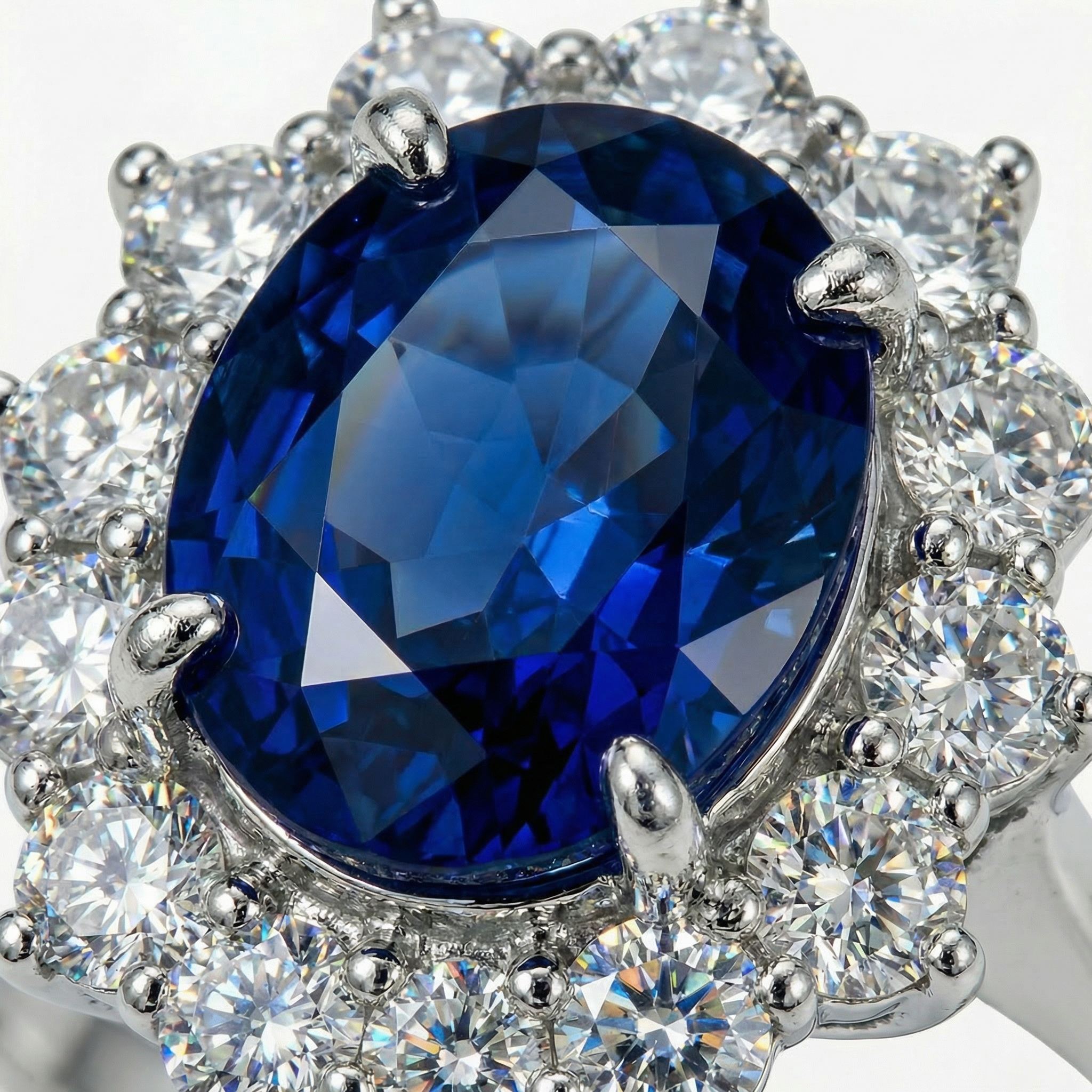 Classic Halo Ring with Blue Oval Stone – on White Gold