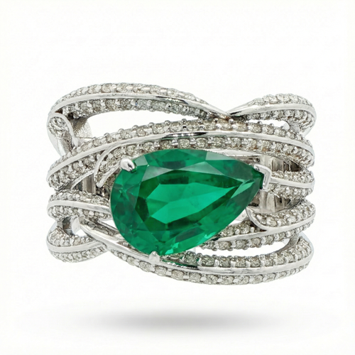 Ribbon Classic Ring with Green Oval Stone – on White Gold
