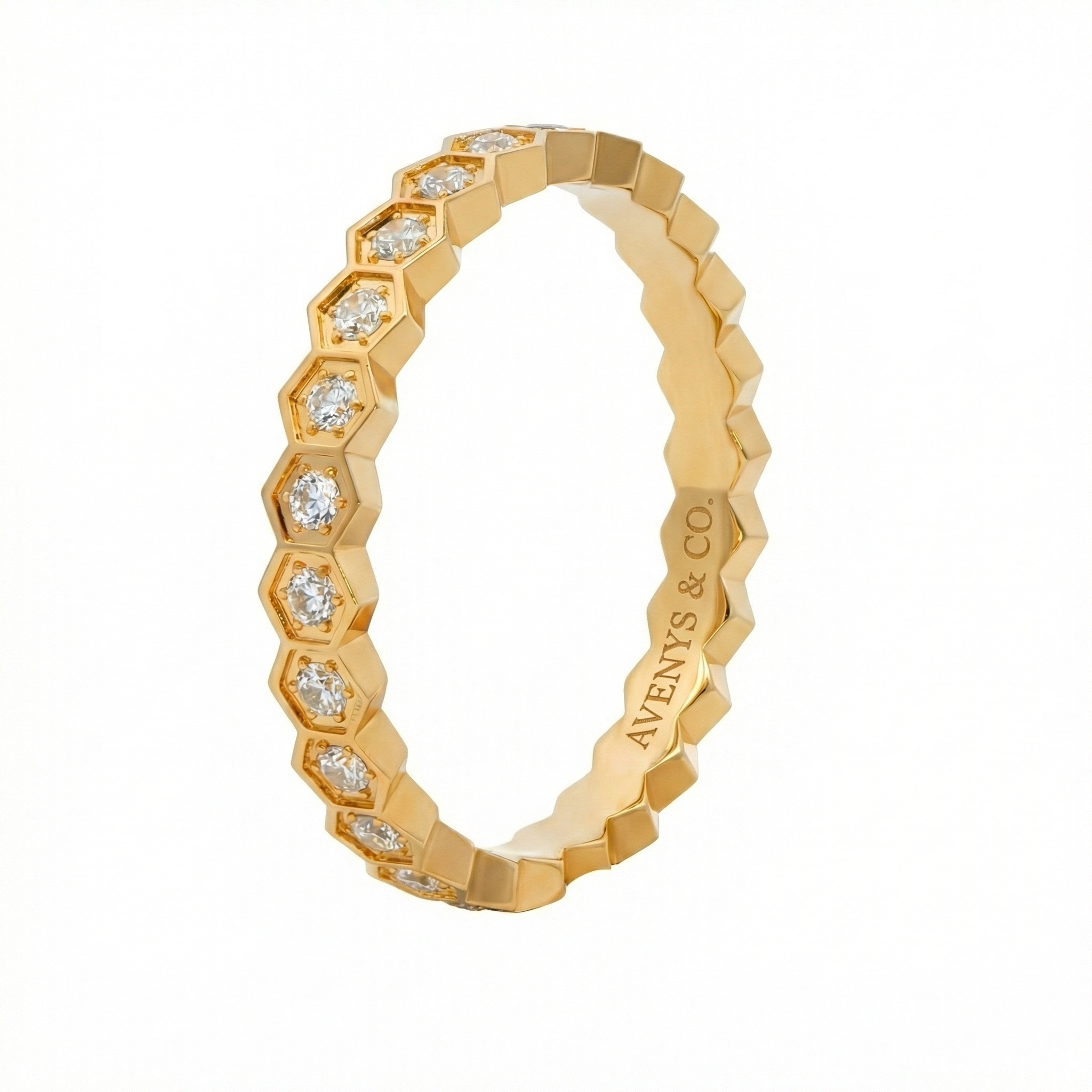 Honeycomb Ring Full with White Round Stone – on Yellow Gold