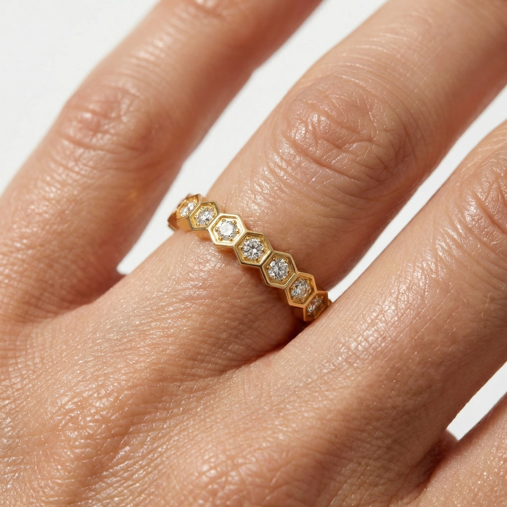 Honeycomb Ring Full with White Round Stone – on Yellow Gold