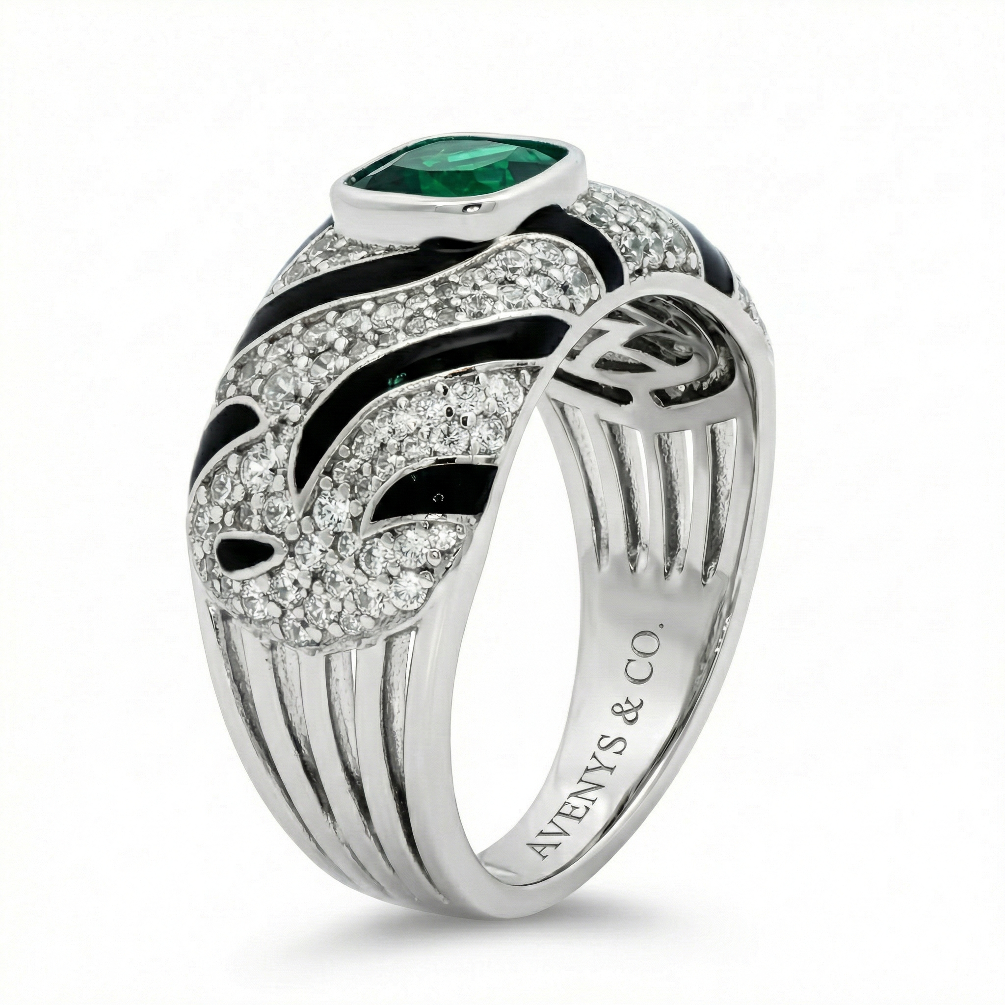 Tiger Ring with Green Cushion Stone – on White Gold