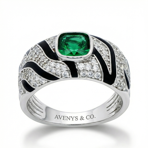 Tiger Ring with Green Cushion Stone – on White Gold