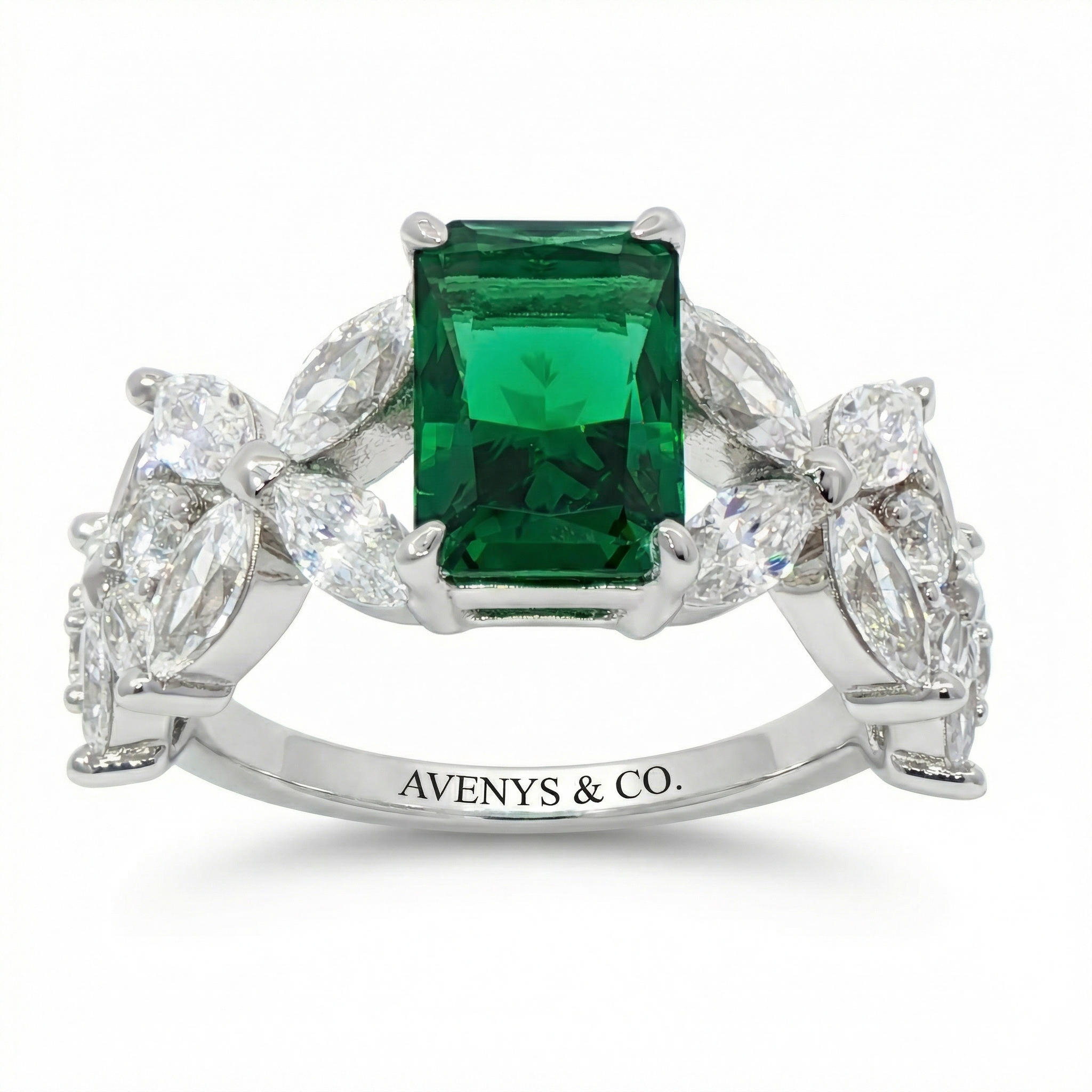 Emerald Marquis Ring with Green Emerald Stone – on White Gold