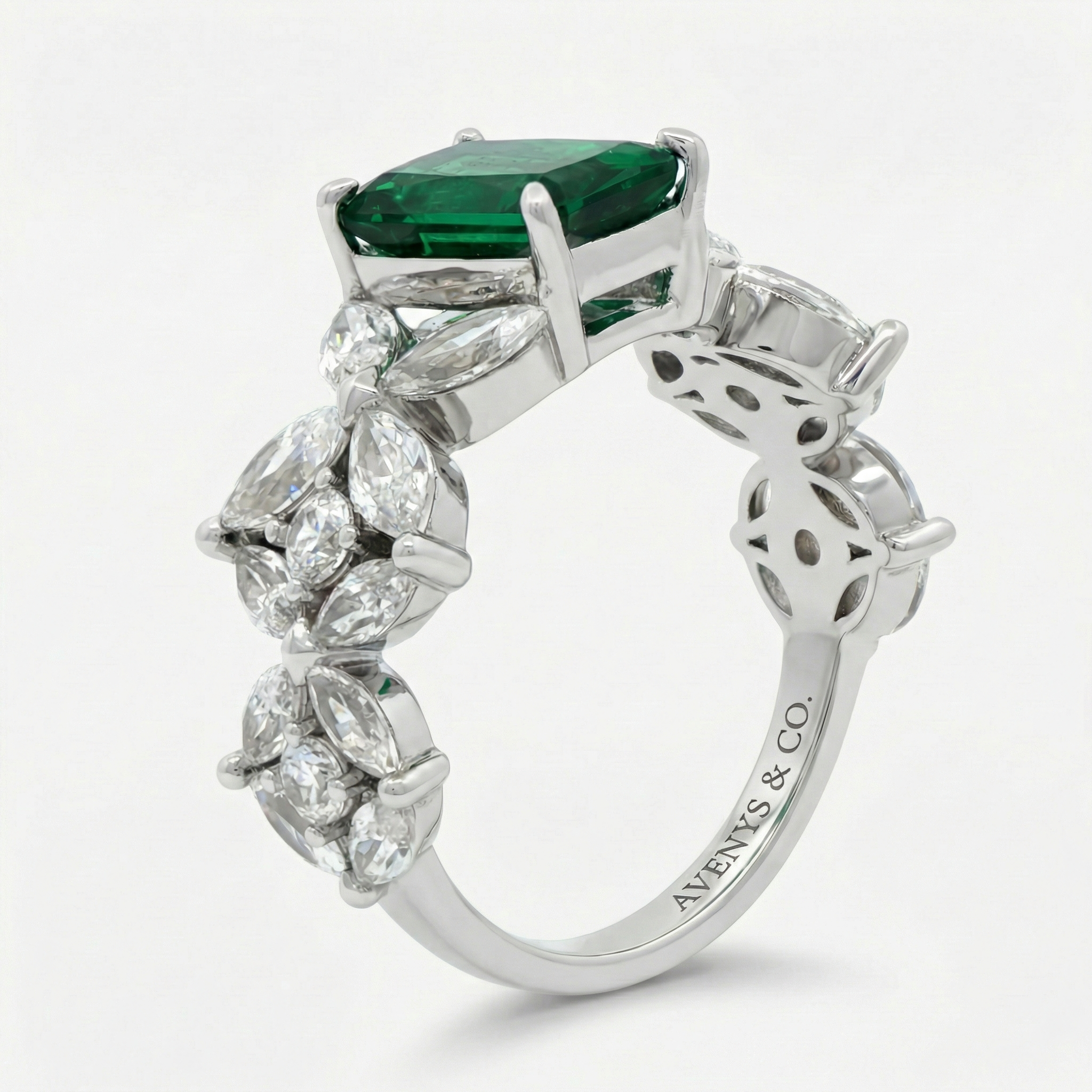 Emerald Marquis Ring with Green Emerald Stone – on White Gold