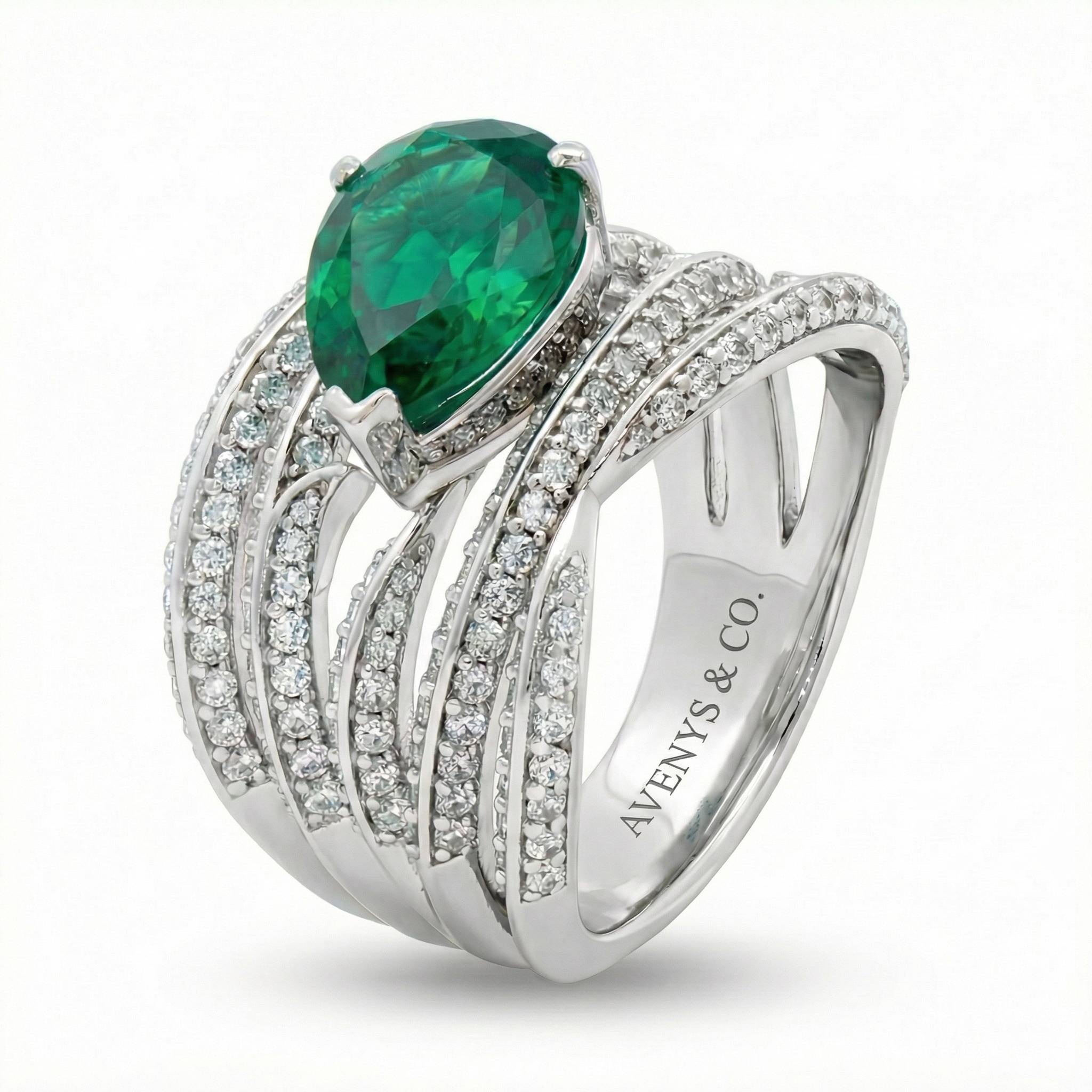 Ribbon Classic Ring with Green Oval Stone – on White Gold